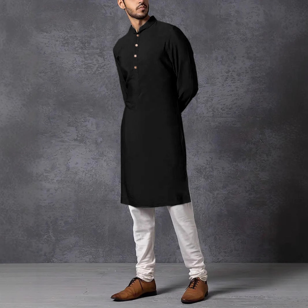 Men's Solid Color Long Sleeve Casual Slim Fit Business Stand Collar Robe