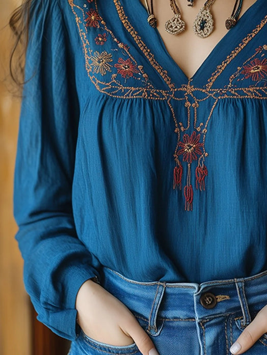 Boho Print V-Neck Blouse with Rustic Charm