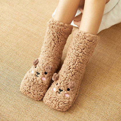 Cute Cartoon Bear Fuzzy Socks For Women, Comfortable Winter Soft Warm Slipper Socks, Casual Sleep Socks For Indoor Women's Fuzzy Socks Winter Warm Fluffy Soft Slipper Home Sleeping Cute Animal Socks