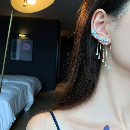 Exaggerated And Personalized Ear Clip Tassel Rhinestone Earrings
