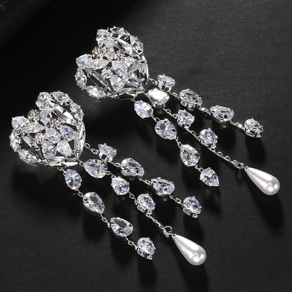 Heart Shape Ear Clip Pendant Tassel Rhinestone Earrings