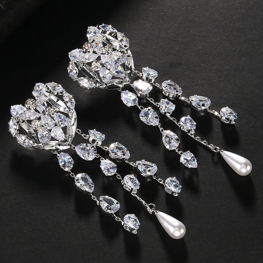 Heart Shape Ear Clip Pendant Tassel Rhinestone Earrings