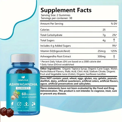 Ashwagandha Gummies 60 Count - Stress Relief, Energy Boost & Relax Support - Natural Adaptogen Supplement