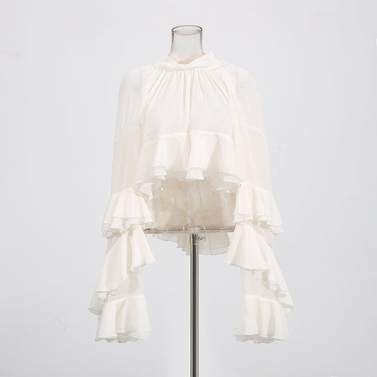 Fashion Casual Long Sleeve Layered Ruffled Short Chiffon Shirt