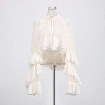 Fashion Casual Long Sleeve Layered Ruffled Short Chiffon Shirt