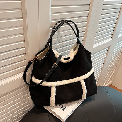 2pcs Women Plush Totes Casual Large-capacity Suede Handbag Winter Bags