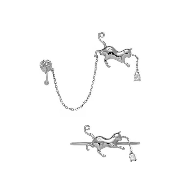 Cat Earrings In Cold Style Silver Needle Ear Clip Ear Hanging