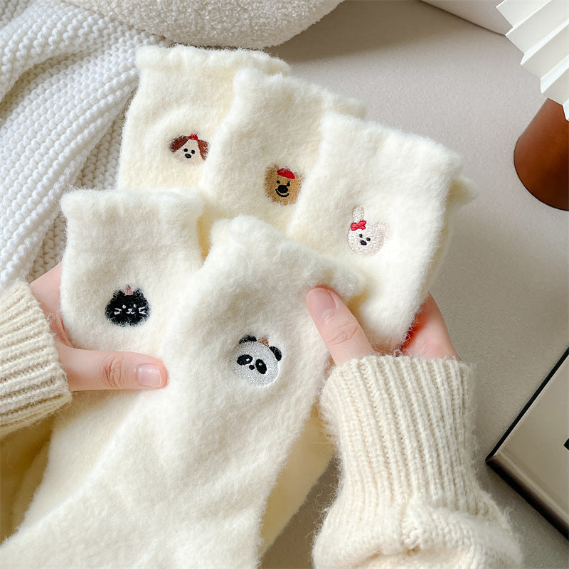 Plush Soft Glutinous Socks Women's Fleece-lined Thickened Cute Cartoon Mid-calf High-grade