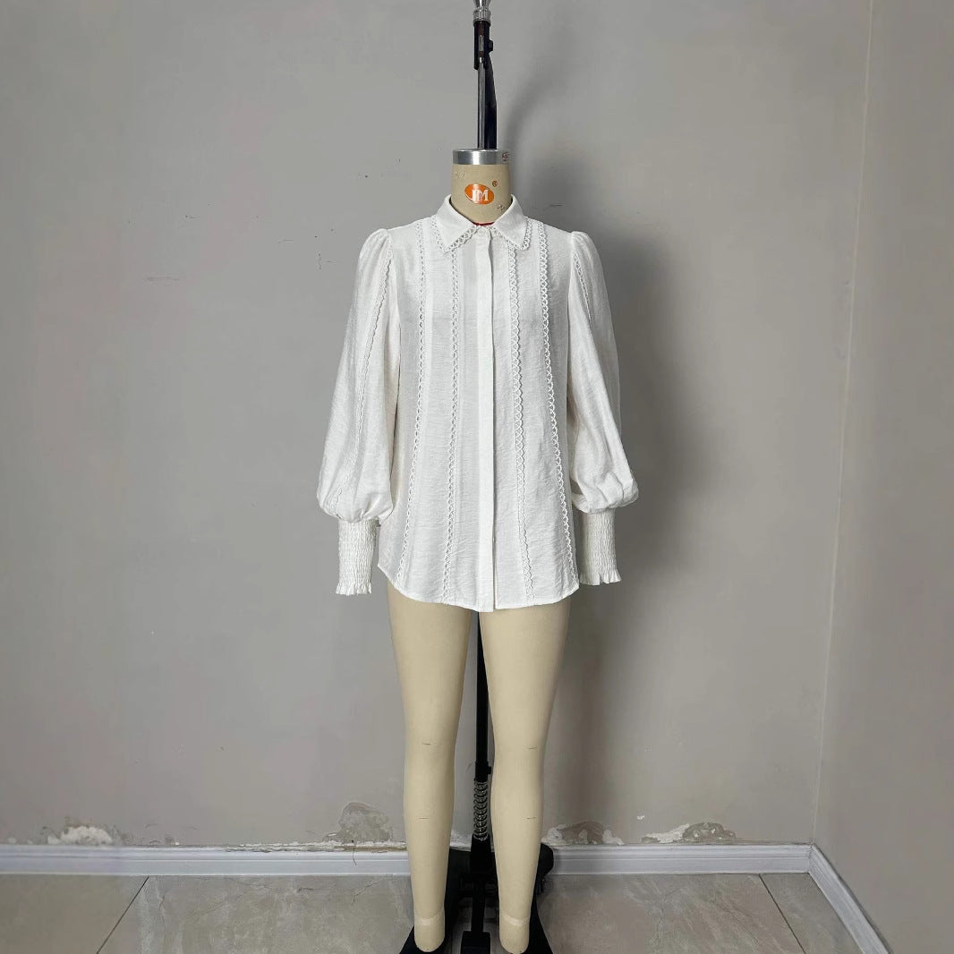Lantern Sleeve Lace-trimmed White Blouse