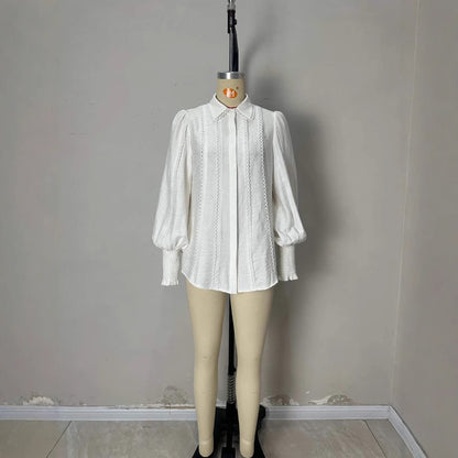 Lantern Sleeve Lace-trimmed White Blouse