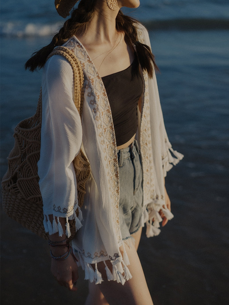 Ethnic Style Embroidered Sun Protection Shirt For Beach Outfits