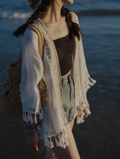 Ethnic Style Embroidered Sun Protection Shirt For Beach Outfits
