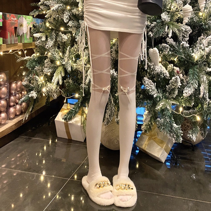 White JK Over-the-Knee Socks, Lace-up Bow Spliced Fake Thigh High Pantyhose, Anti-snag Sheer Stockings For Women, Spring & Summer