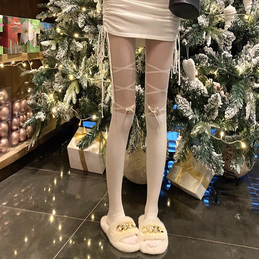 White JK Over-the-Knee Socks, Lace-up Bow Spliced Fake Thigh High Pantyhose, Anti-snag Sheer Stockings For Women, Spring & Summer