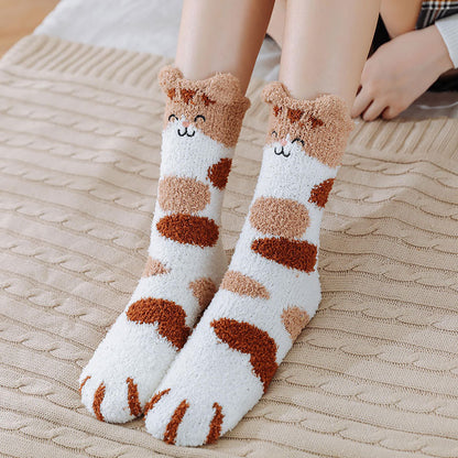 Coral Fleece Socks Women's Thick Warm Winter Sleep Long Japanese Cute Cartoon Embroidered Mid-calf Cat's Paw Socks