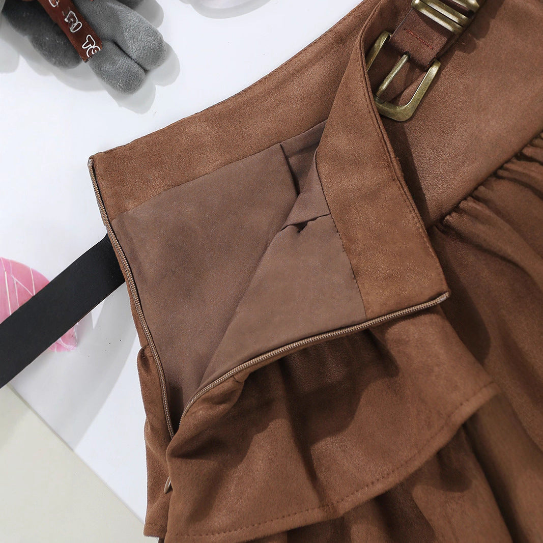 Brown Suede Cake Skirt For Women