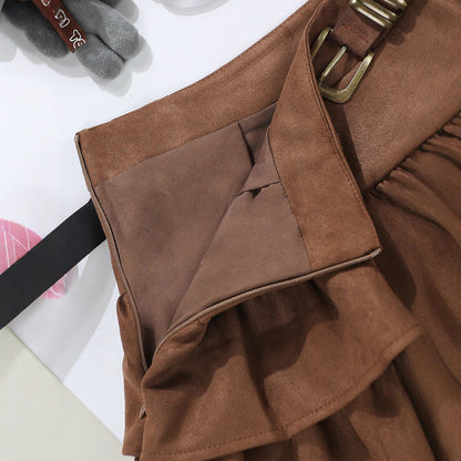 Brown Suede Cake Skirt For Women