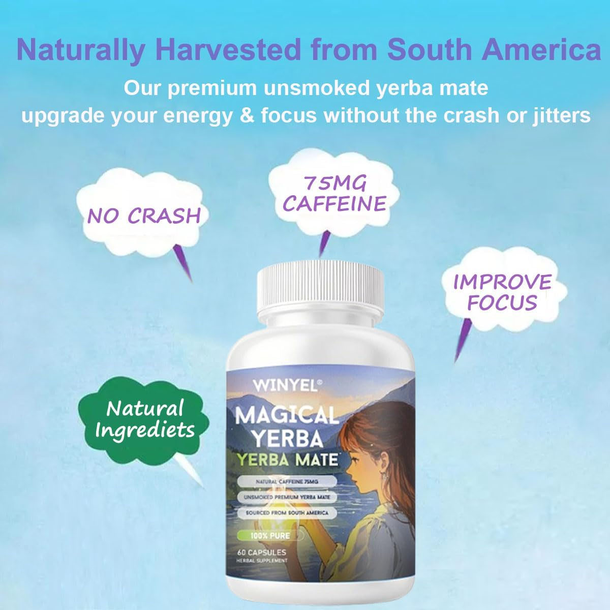 WINYEL Yerba Mate Capsules  75mg Natural Caffeine Per Capsule  Natural Plant-Based Energy & Focus Support  Supports Mental Clarity & Digestive Wellness Gut Health  60 Capsules