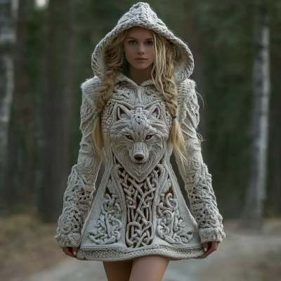 Dark Edgy Printed Pullover Hoodie With A Retro Chunky-knit Sweater
