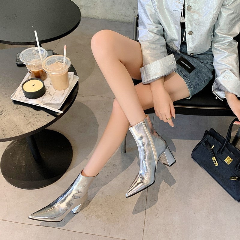 Chunky Heel Retro Ankle Boots Women Pointed French