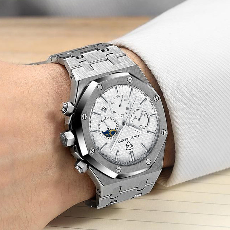Waterproof High-grade Three Eyes And Six Needles Multi-functional Moon Phase Men's Steel Strap Watch