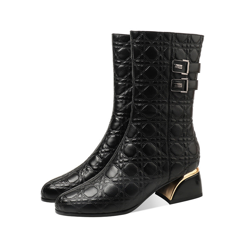 Thick-heeled Mid-heel Mid-high Boots Women Plus Velvet Warmth Cowhide Knight Boots Fashion Belt Buckle