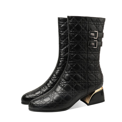 Thick-heeled Mid-heel Mid-high Boots Women Plus Velvet Warmth Cowhide Knight Boots Fashion Belt Buckle