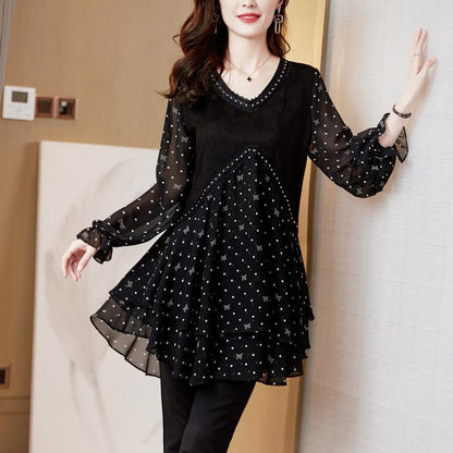 Womens Mid-Length Polka-Dot Chiffon Floral Casual Top