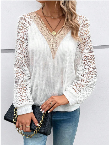 V-neck Stitching Hollow Out Lace See-through Casual T-shirt