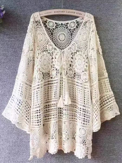 Summer Plus Size Women's Clothing Oversize Thin Lace Crocheted Hollow Out Sun Protective Blouse Ice Silk Wool Sweater Top