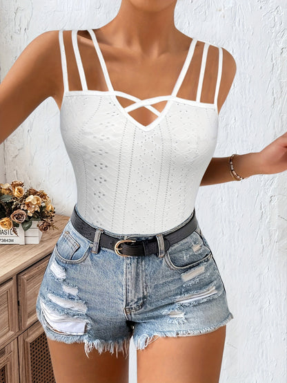 Mesh Embroidery Three-strap Solid-color Camisole Top With Cutout Design