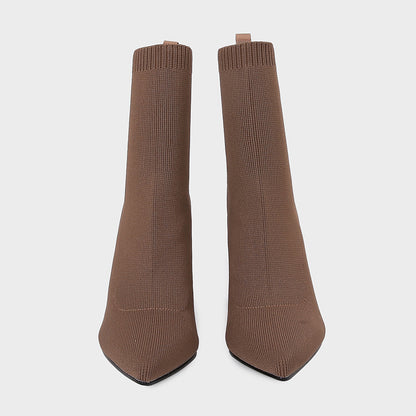 Brown Yellow Geometric High Heel Chunky Heel Retro Ankle Boots Elastic Socks Boots Women