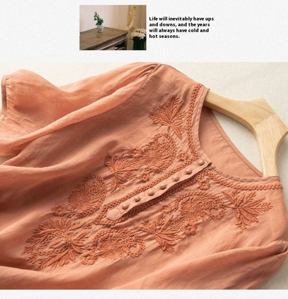 Vintage Loose Design Embroidered Crew Neck Women's Top