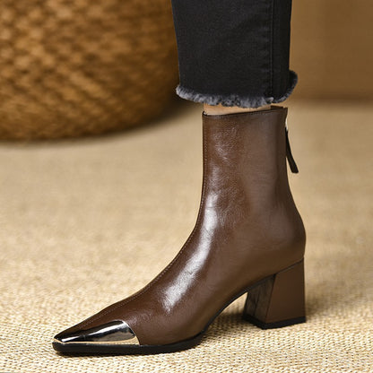 Pointed-toe Chunky-heel Leather Ankle Boots For Women Chic And Vintage