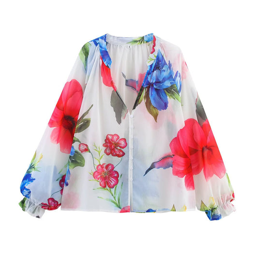 New European And American Style Women's Long Sleeve Loose Chiffon Printed Shirt