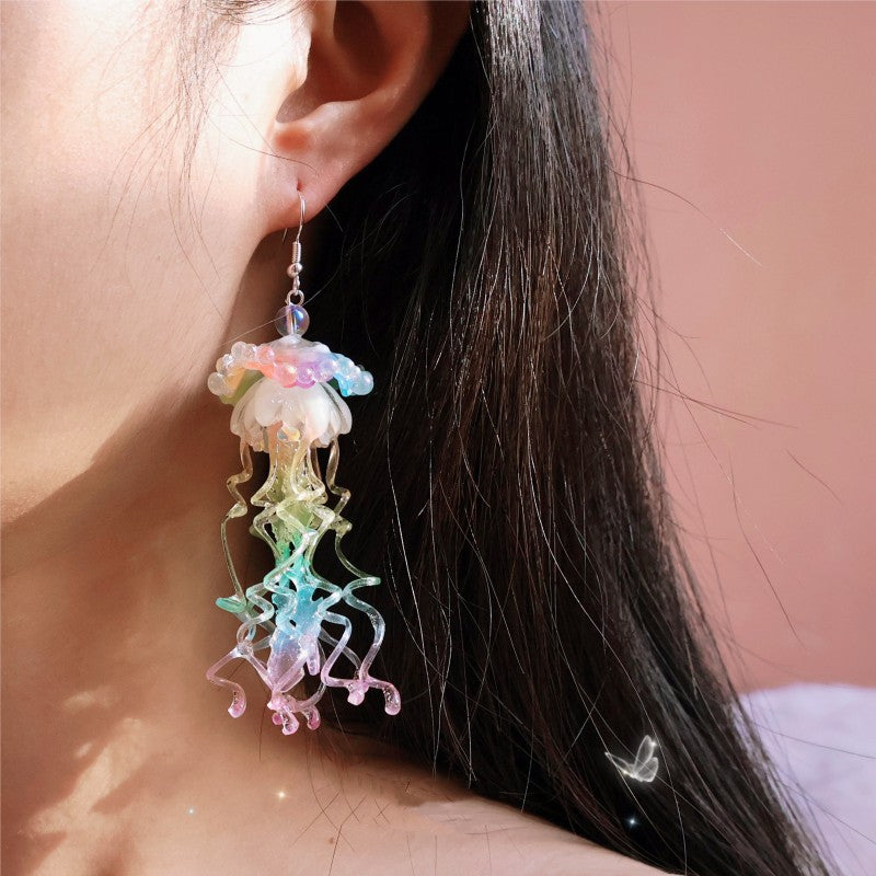Rainbow Jellyfish Exaggerated Long Ear Clip Earrings