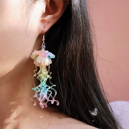 Rainbow Jellyfish Exaggerated Long Ear Clip Earrings