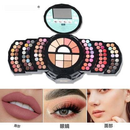 Makeup Palette Featuring Shimmering Eyeshadows Contouring Products Lipsticks And Matte Blush