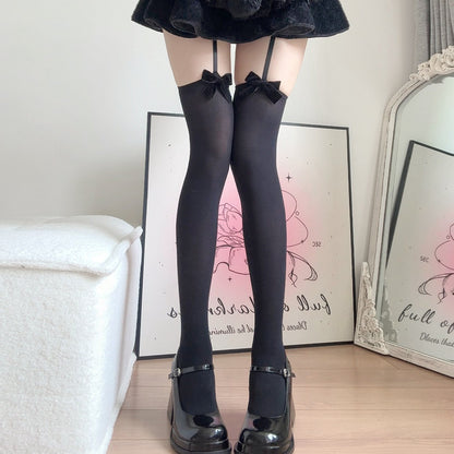 Black & White Velvet Bow Thigh High Socks, Garter Belt Style Over The Knee Stockings, Coquette Lolita Aesthetic Legwear For Women