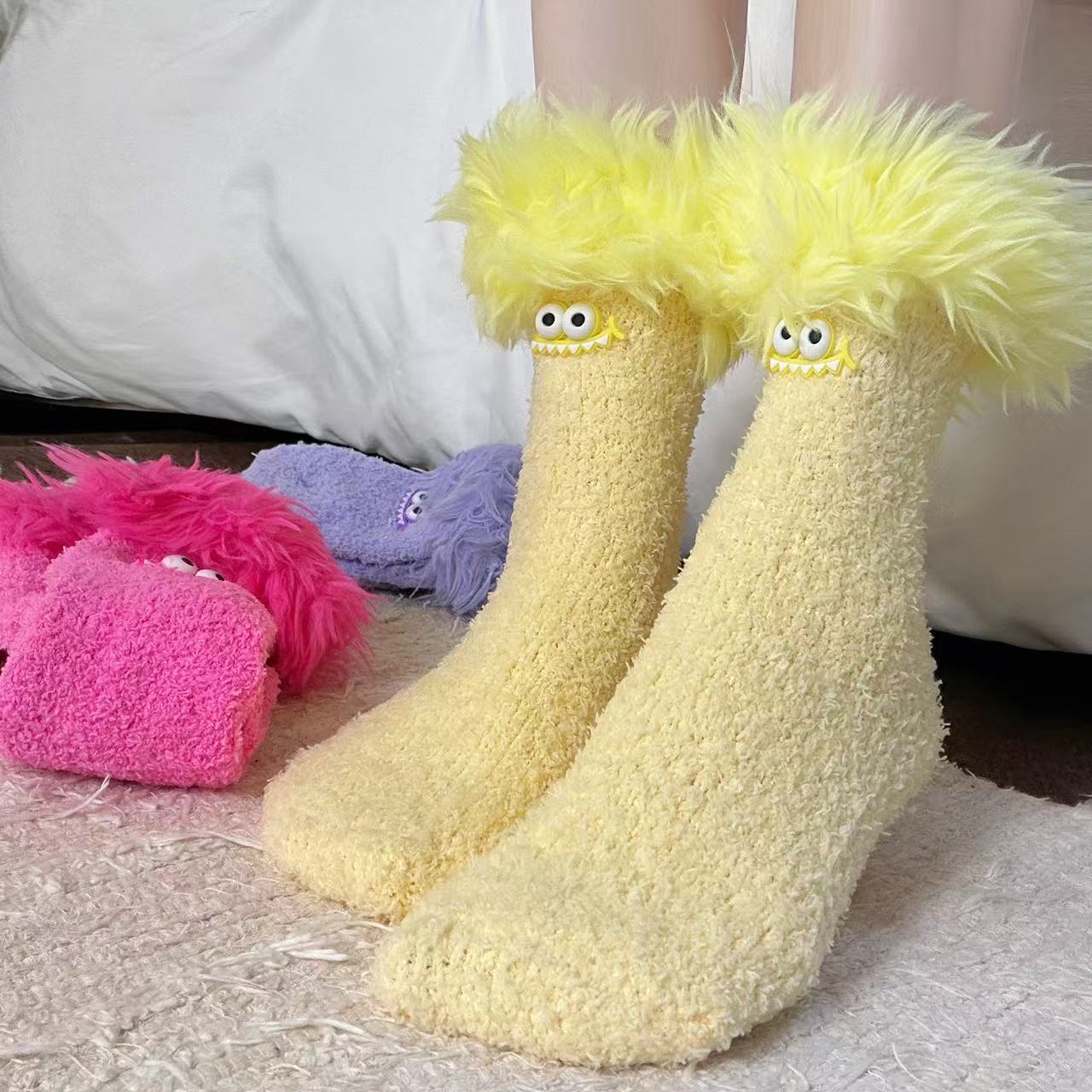 Big Mouth Monster Plush Socks Fleece-Lined Thick Warm Coral Fleece