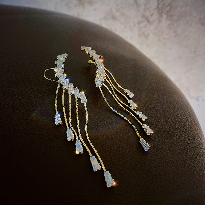 Exaggerated And Personalized Ear Clip Tassel Rhinestone Earrings