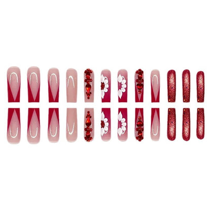 Sweet Flowers Temperament Prismatic Red Diamond Removable Fake Nails