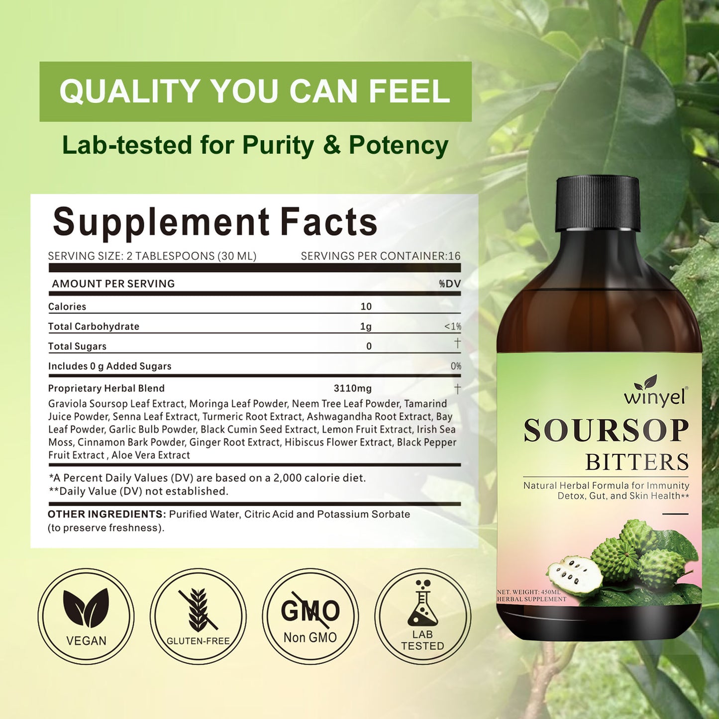 Soursop Liquid Contains Black Seeds, Moringa, And Turmeric, And Is Beneficial For Digestion And Gut Health, As Well As Providing Antioxidants, Skin Health, And Immune Support. It's A Pure 16-herb Form