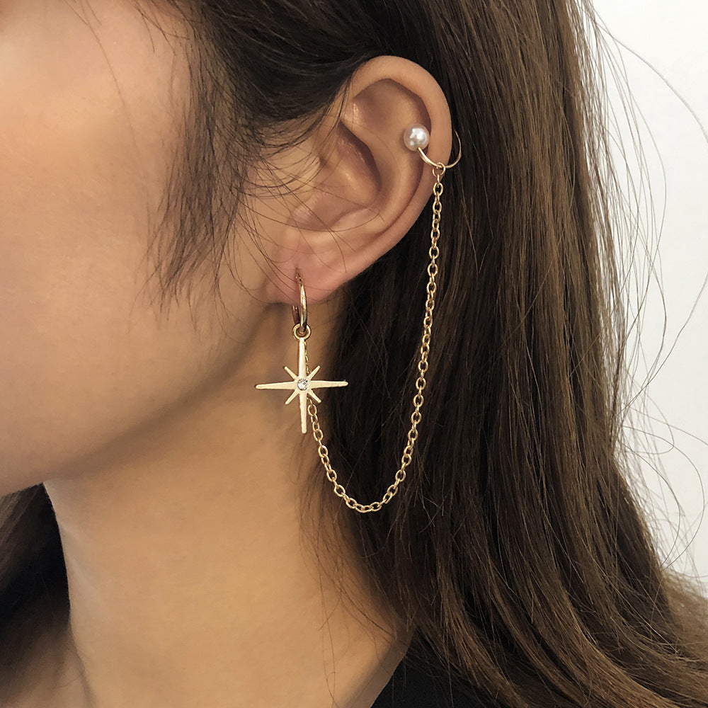 Earrings Six-pointed Star Diamond Pearl Ear Clip Earrings