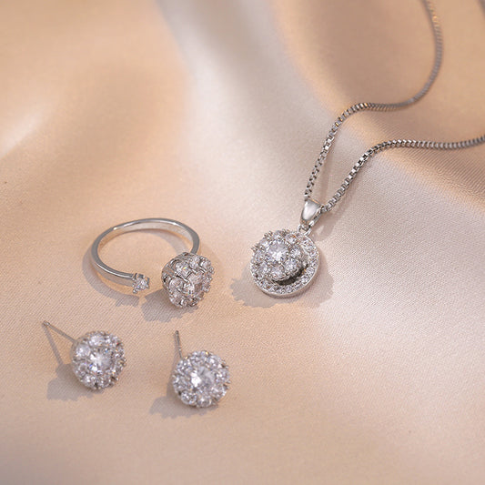 Zircon Light Luxury Good Luck Comes Rotating Open Rings Ear Studs Necklace Suit