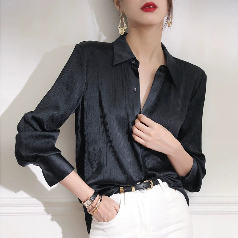 Solid Color Temperament Spring And Autumn Shirt Women Loose Copper Ammonia Silk Top