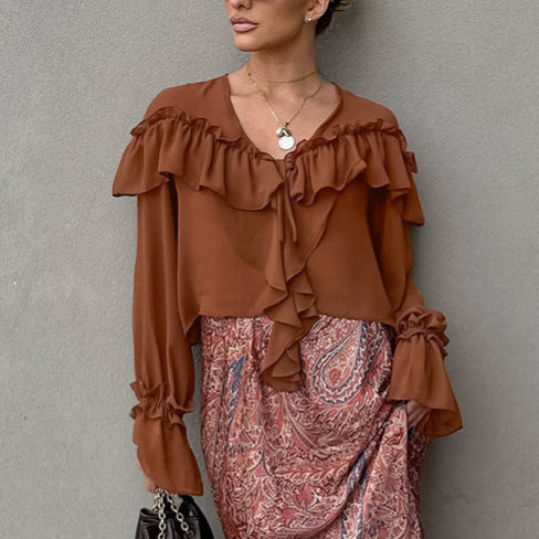 Autumn European And American Design Sense V-neck Flounce Lace-up Loose Chiffon Shirt