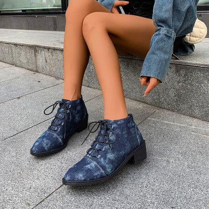Outer Wear Pointed Toe Square Heel Denim Design Martin Boots