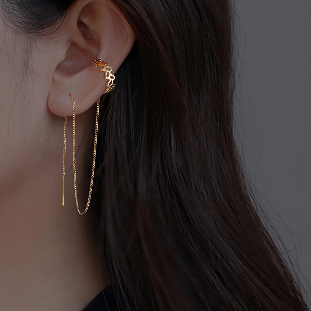 Gold Long Copper C-shaped Hollow Leaf Ear Clip Ear Wire Earrings