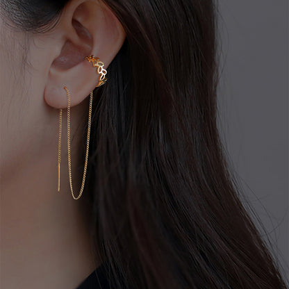 Gold Long Copper C-shaped Hollow Leaf Ear Clip Ear Wire Earrings